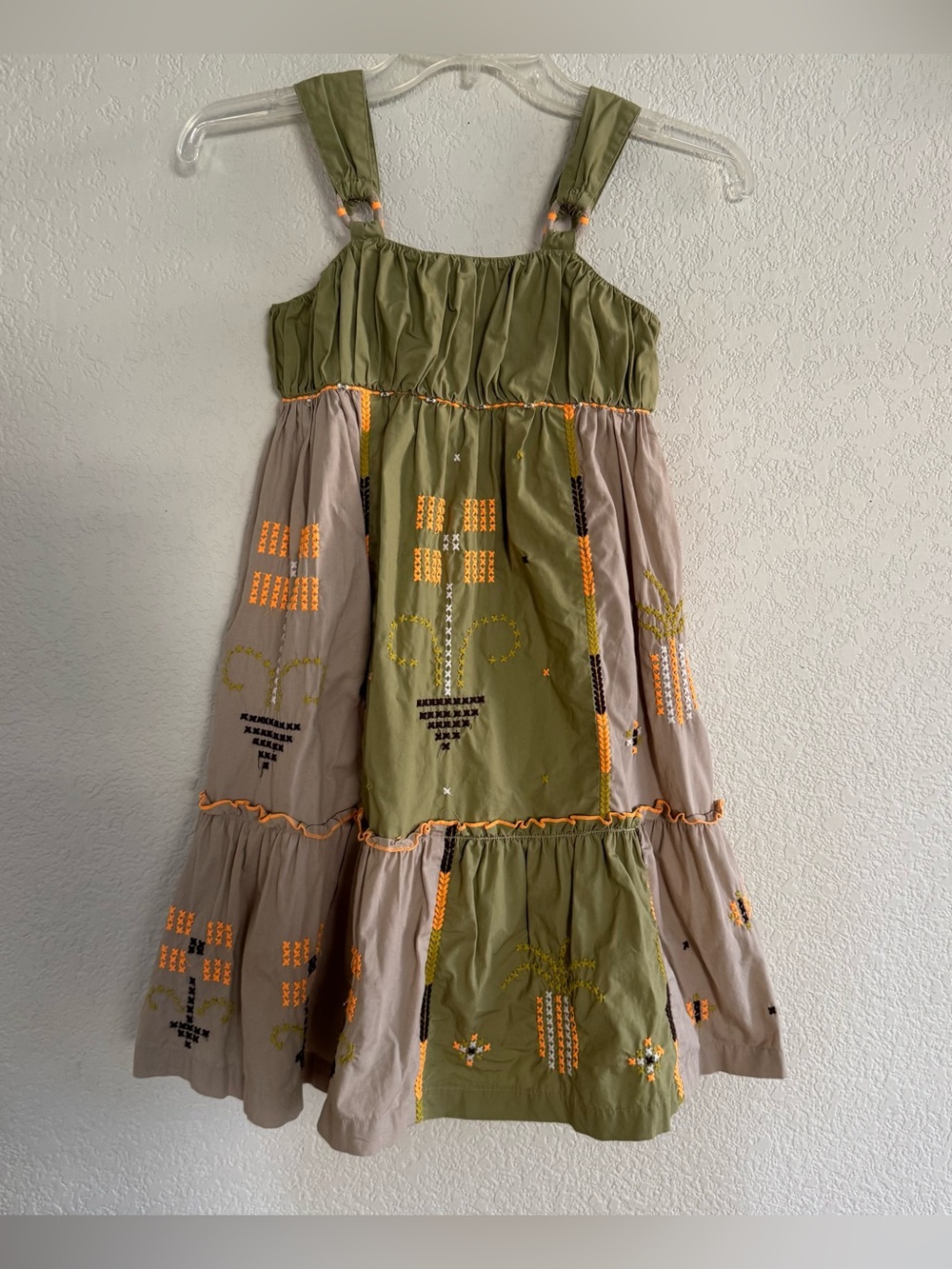 Zara Khaki Green Embroidered Tired Midi Dress Patchwork Boho Cottage Smocked 10